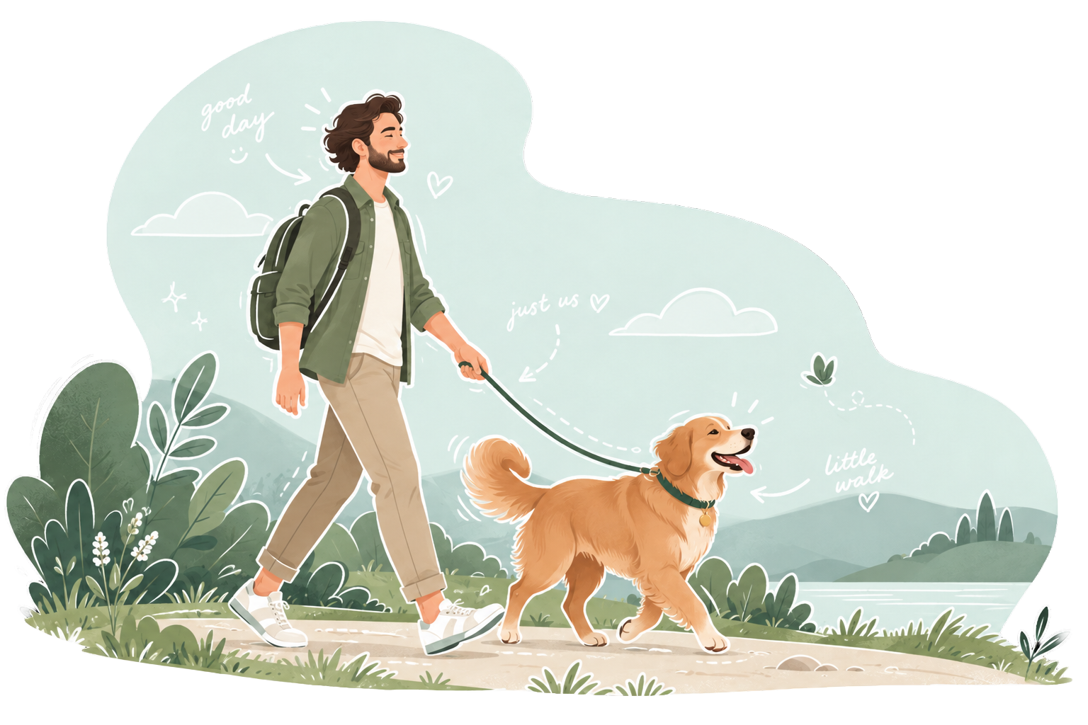 Person walking a dog through a calm natural landscape